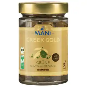 Mani Greek Gold Bio Grüne Oliven mit Stein & Oregano 205g