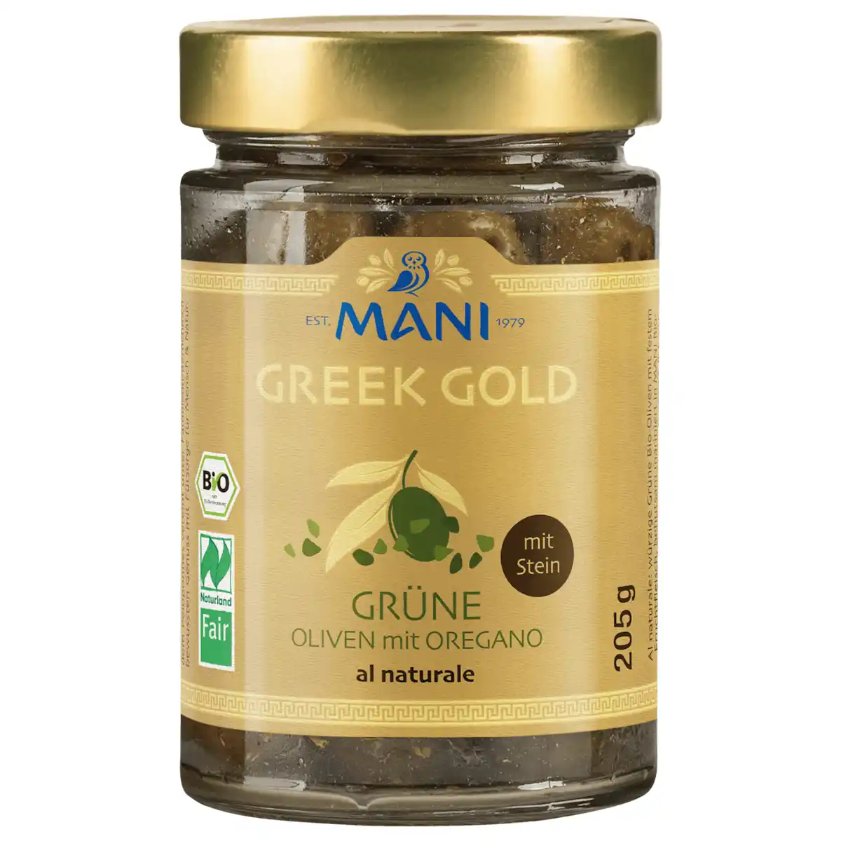 Bild 1 von Mani Greek Gold Bio Grüne Oliven mit Stein & Oregano 205g