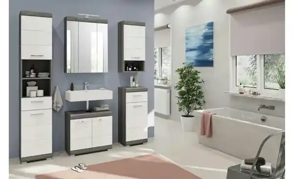 Bild 3 von Badmöbel-Set SCHLOONSEE, 5 teilig, inklusive LED Beleuchtung, bestehend aus: Hochschrank, WBU, Spiegelschrank, Unterschrank, Hängeschrank Schloonsee