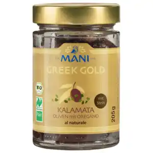 Mani Greek Gold Bio Oliven Kalamata mit Stein & Oregano 205g