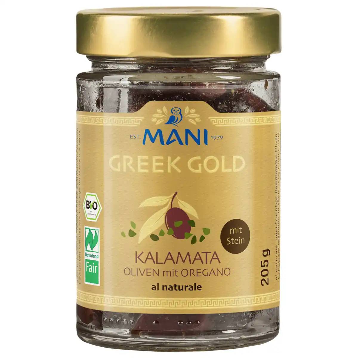 Bild 1 von Mani Greek Gold Bio Oliven Kalamata mit Stein & Oregano 205g