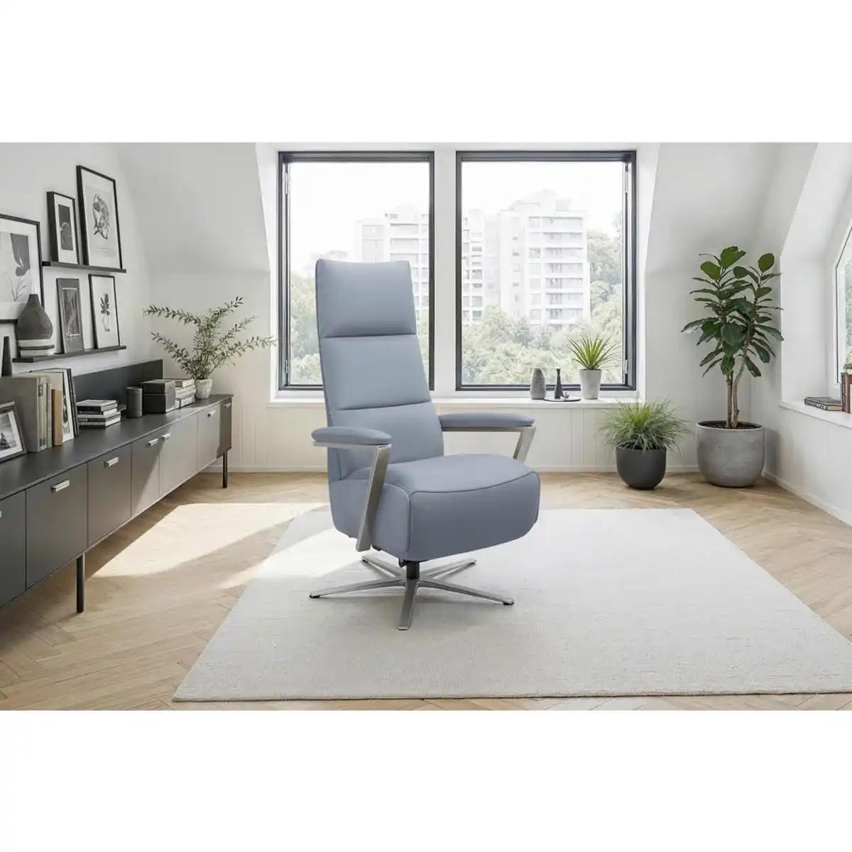 Bild 1 von Sit & More Relaxsessel TV Vario Comfort E L3, Graublau, Metall, Echtleder, Nappaleder, 70x128x85 cm, Goldenes M, Made in Europe, DGM-Klimapakt, Liegefunktion, Sitzfläche 360° drehbar, gepolsterte A