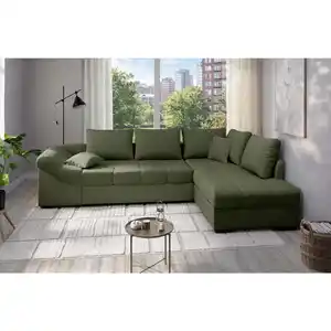P & B Eckschlafsofa Alvito, Grün, Holz, Buche, Uni, 4-Sitzer, Füllung: Schaumstoff, 298x202 cm, Made in EU, Rücken echt, Armteil links, Wohnzimmer, Sofas & Couches, Wohnlandschaften
