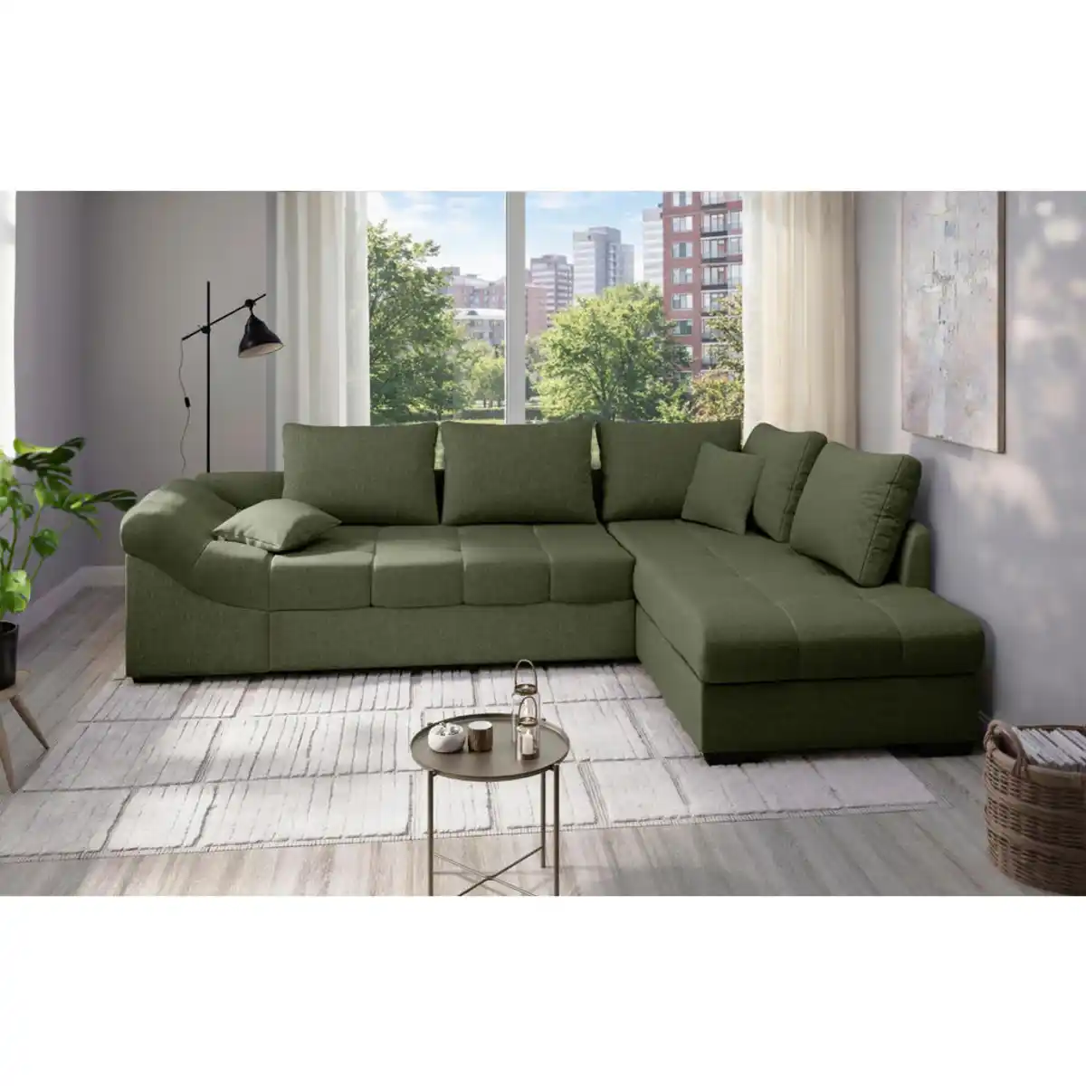 Bild 1 von P & B Eckschlafsofa Alvito, Grün, Holz, Buche, Uni, 4-Sitzer, Füllung: Schaumstoff, 298x202 cm, Made in EU, Rücken echt, Armteil links, Wohnzimmer, Sofas & Couches, Wohnlandschaften
