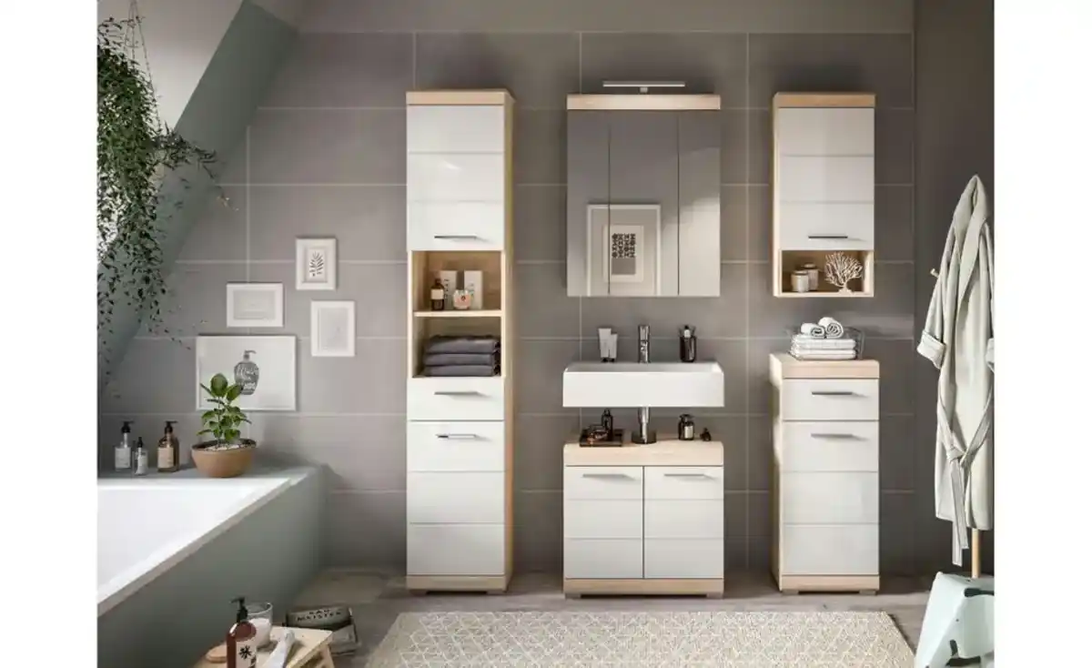 Bild 1 von Badmöbel-Set SCHLOONSEE, 5 teilig, bestehend aus: Hochschrank, WBU, Spiegelschrank, Unterschrank, Hängeschrank Schloonsee