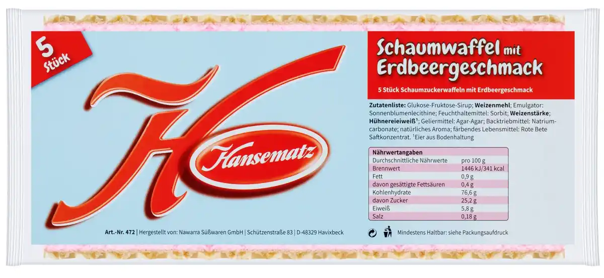 Bild 1 von HANSEMATZ Schaumwaffeln mit Erdbeergeschmack, 5 St. = 65-g-Packg.