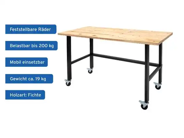 Bild 3 von RIKTA Werkbank mit Rollen, B 140 X T 60 X H 84cm, 200kg Belastung, Fichte