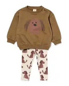 Babybeleidungsset gerippt, mit Hunde, aus Sweatstoff olivgrün