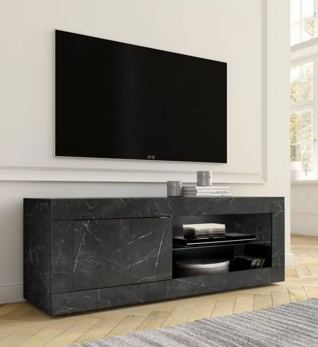 Bild 1 von Home affaire Lowboard Basic Breite 140 cm, TV-Board 1 Tür, 2 offene Fächer (Glasboden), TV-Kommode, Metallgriff, moderne Rahmenoptik, Farbauswahl