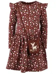 Mädchen Kleid mit Alloverprint und passendem Täschchen Braun