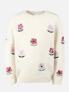 Mädchen Strickpullover mir Blumenstickerei Weiß