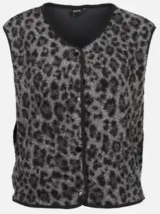 Damen Teddyfleece Weste mit Leoprint Schwarz