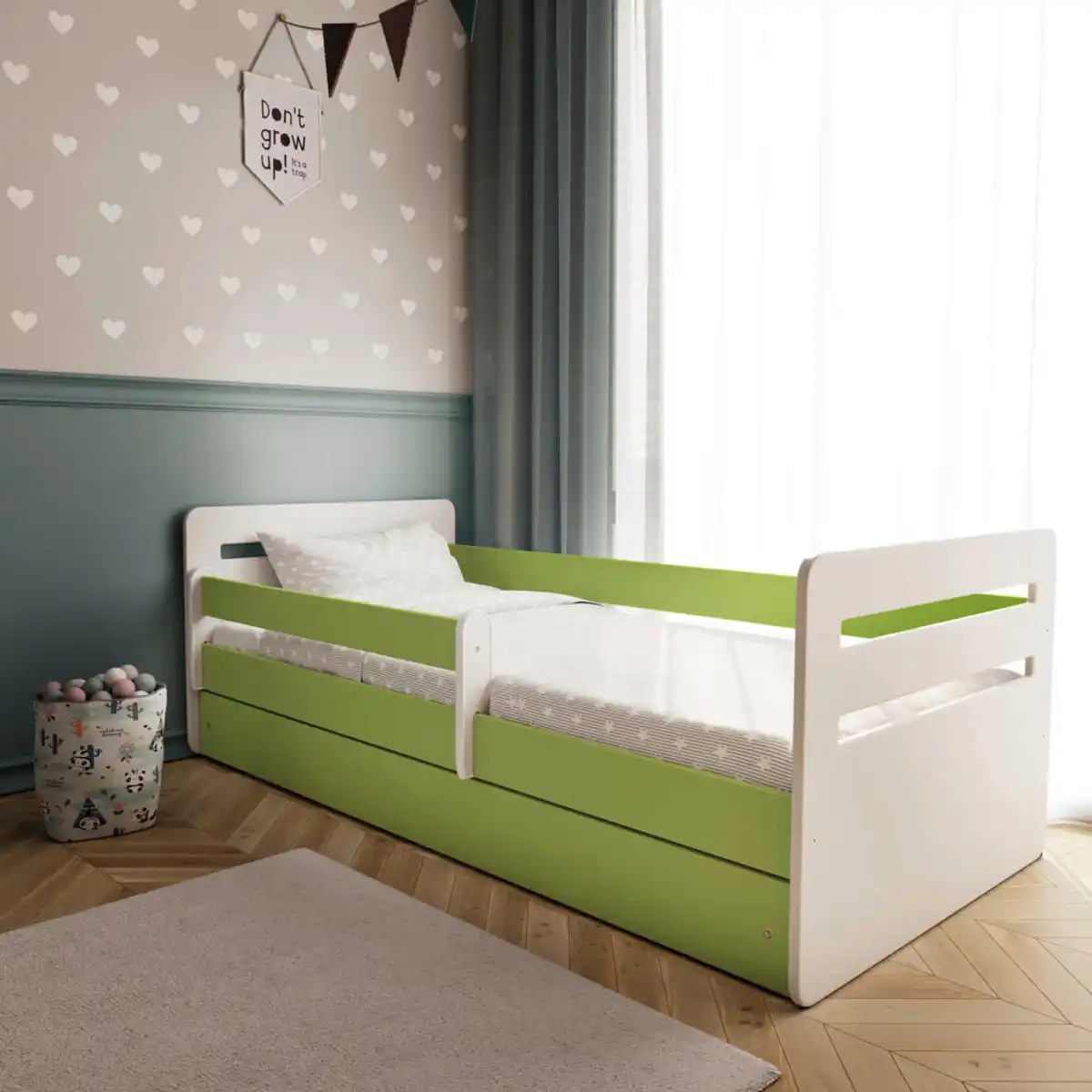 Bild 1 von Mid.you Kinder-/Juniorbett Tomi, Grün, Weiß, Holzwerkstoff, Birke, Schichtholz,Schichtholz,Sperrholz, H3, 1-Zonen, Höhe ca. 15 cm, links montierbar, rechts montierbar, 80x140 cm, Bettkasten, Latte