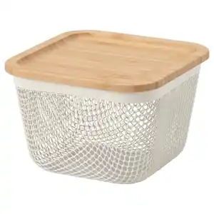IKEA 365+ Korb f Lebensmittelaufb. mit Deckel, quadratisch Metall/weiß Bambus, 15x15x11 cm