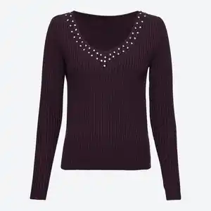 Damen-Pullover mit V-Ausschnitt und Ziersteinen