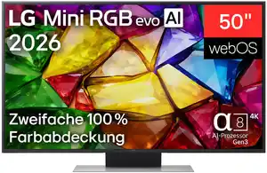 50MRGB87B9B 126 cm (50") Mini RGB evo AI TV, 4K Ultra HD, LCD, Smart-TV, HDR-Wiedergabe, 120 Hz, DVB-T2/DVB-C/DVB-S2, Sprachsteuerung