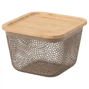 IKEA 365+ Korb f Lebensmittelaufb. mit Deckel, quadratisch Metall/hell graubraun Bambus, 15x15x11 cm