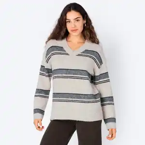 Damen-Pullover mit Ringelmuster und V-Ausschnitt