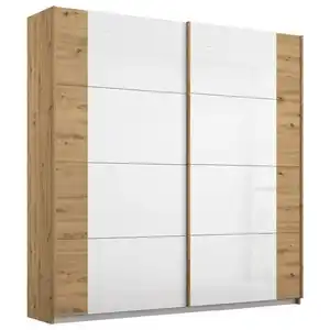 Rauch Möbel Schwebetürenschrank, Eiche Artisan, Weiß, Holzwerkstoff, 2 Fächer, 181x210x62 cm, Blauer Engel, Goldenes M, Made in Germany, Schlafzimmer, Kleiderschränke, Kleiderschränke 2-türig