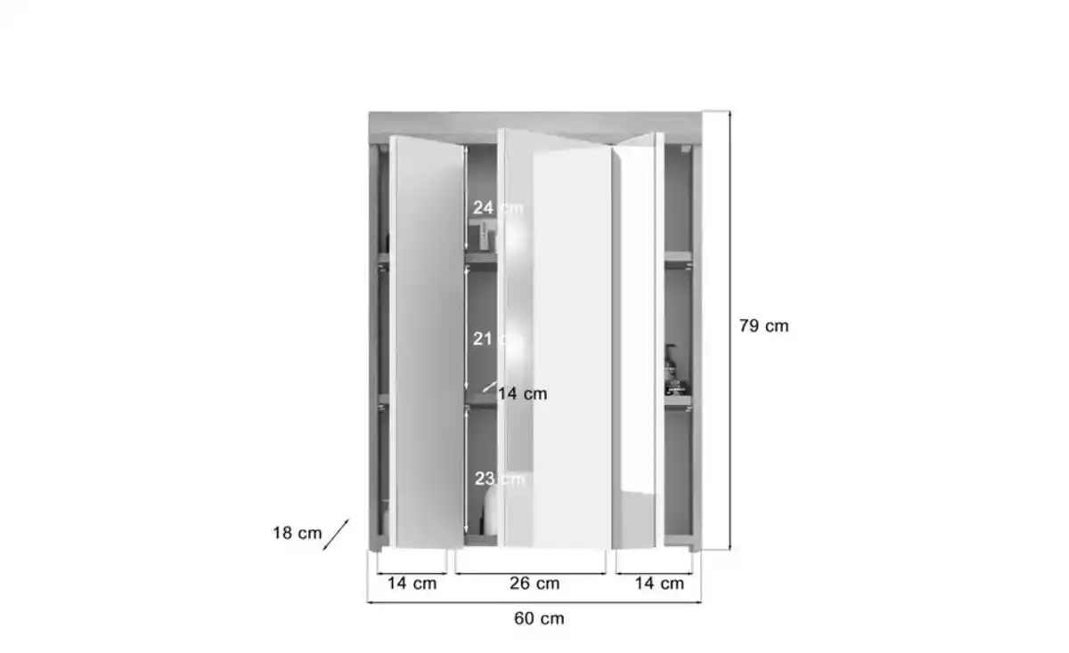 Bild 2 von Spiegelschrank SCHLOONSEE, Breite 60cm, inkl. Beleuchtung, 3 Spiegeltüren, 9 Fächer in verschiedenen Farben erhältlich, Badmöbel, Spiegel, Badschrank, Bad Schloonsee