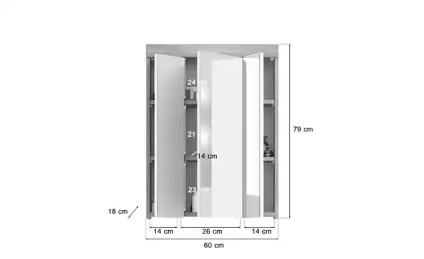 Bild 2 von Spiegelschrank SCHLOONSEE, Breite 60cm, inkl. Beleuchtung, 3 Spiegeltüren, 9 Fächer in verschiedenen Farben erhältlich, Badmöbel, Spiegel, Badschrank, Bad Schloonsee