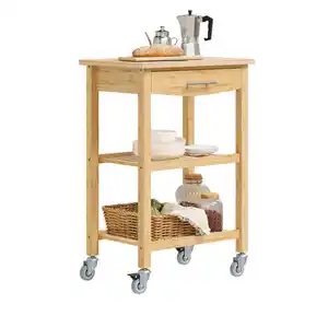 SoBuy Küchenwagen, Natur, Holz, 2 Fächer, 1 Schubladen, Rechteckig, Rollen, 58x86x40 cm, Esszimmer, Servierwagen