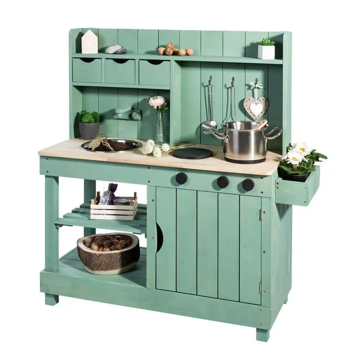 Bild 1 von Muddy Buddy Matschküche Explorer, Pastellgrün, Holz, Metall, Zypresse, massiv, 40x105x102 cm, EN 71, mit Knöpfen, Holzschutz vorbehandelt, Spielzeug, Kinderspielzeug, Kinderküchen
