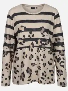 Damen Flauschshirt mit Print und Glitzersteinchen Beige
