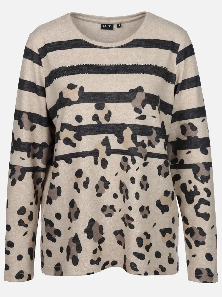 Bild 1 von Damen Flauschshirt mit Print und Glitzersteinchen Beige
