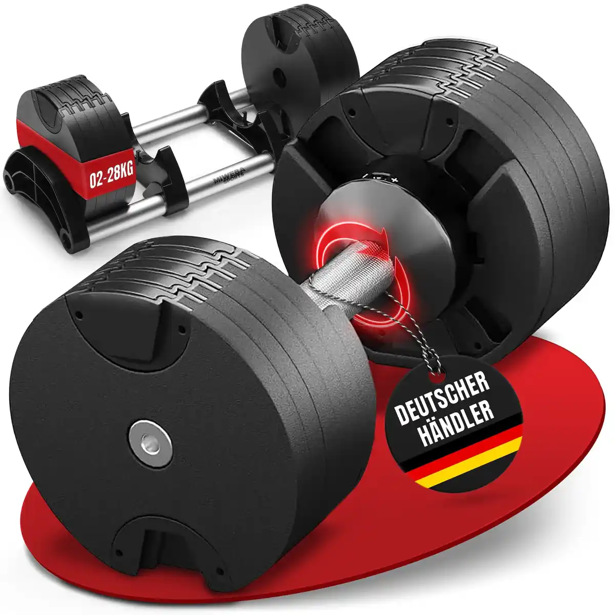 Bild 1 von Miweba Sports verstellbare Kurzhantel VH200, Stahl, 2-28 kg, Hantelstange mit Profil, Halte-Gestell (28 kg)