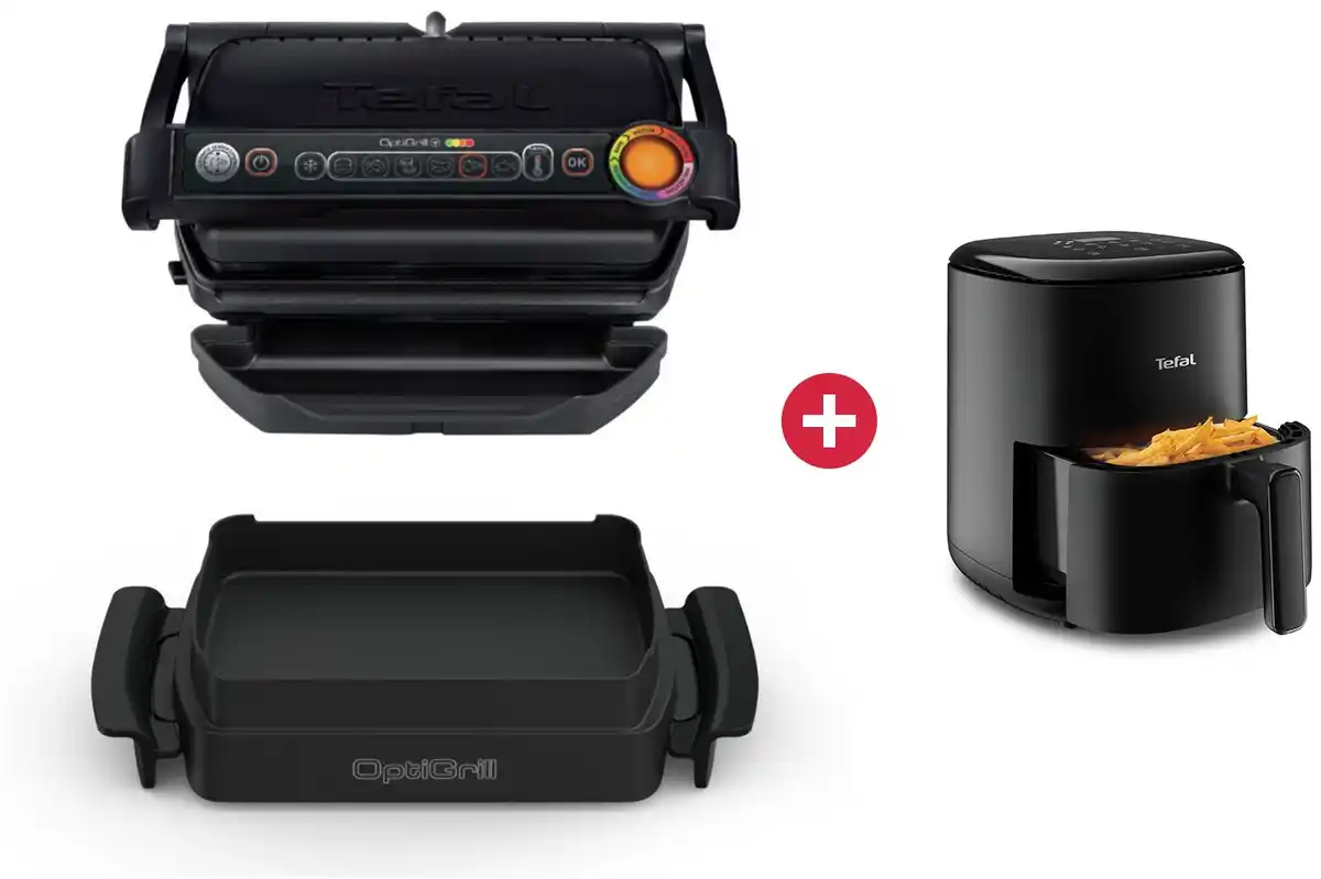 Bild 1 von GC7148 Optigrill Snacking & Baking Kontaktgrill schwarz + Dein Geschenk: Tefal EY1458 Easy Fry Compact Heißluft-Fritteuse