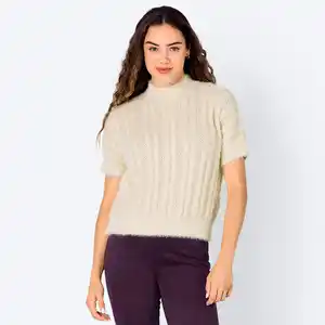 Damen-Zopfpullover mit Stehkragen und Lurex-Effektgarn