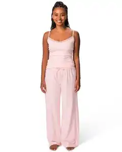 Damen-Pyjamahose, Wide Fit, Baumwolljersey hellrosa