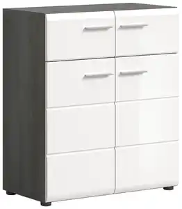 Schuhschrank Salsa, Holznachbildung, 80 x 90 x 37 cm Weiß Hochglanz Tiefzieh/Rauchsilber