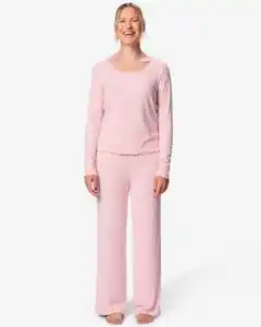 Damen-Pyjama mit Ajourmuster mit Herzen hellrosa