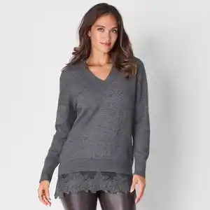 Damen-Long-Pullover mit Spitzenabschluss