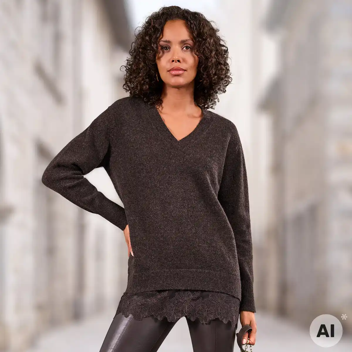 Bild 1 von Damen-Long-Pullover mit Spitzenabschluss