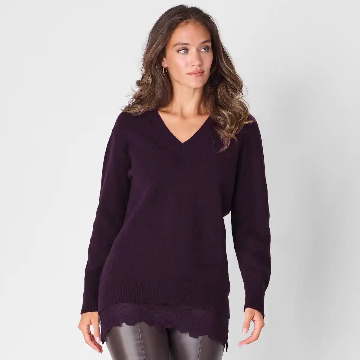 Bild 1 von Damen-Long-Pullover mit Spitzenabschluss