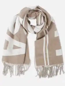 Damen Schal mit Schriftzug und Fransen Beige