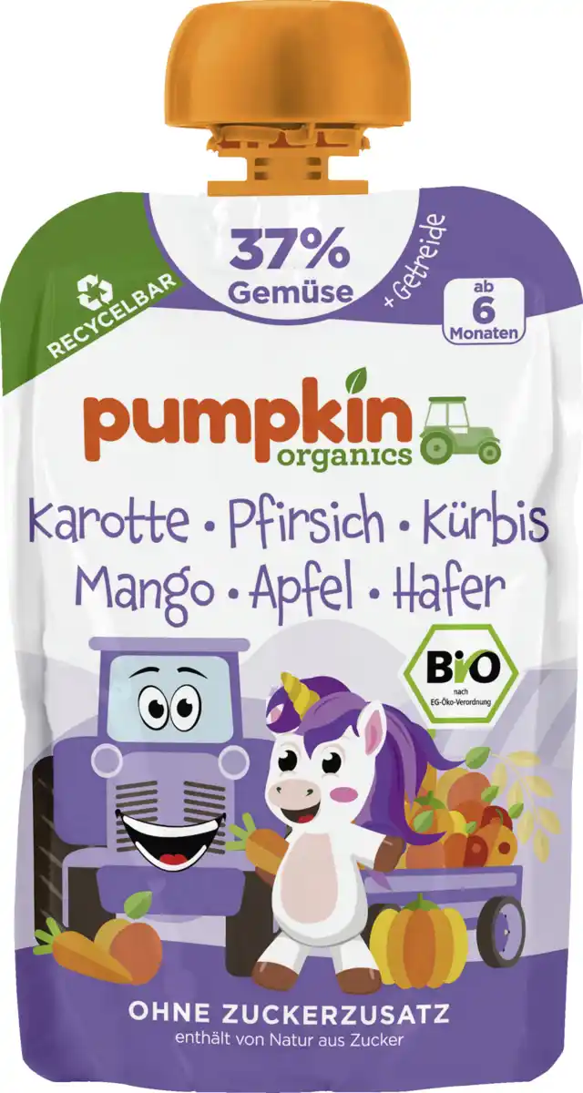 Bild 1 von Pumpkin Organics Bio Quetschie mit Frucht-Gemüse-Püree mit Getreide & Rapsöl