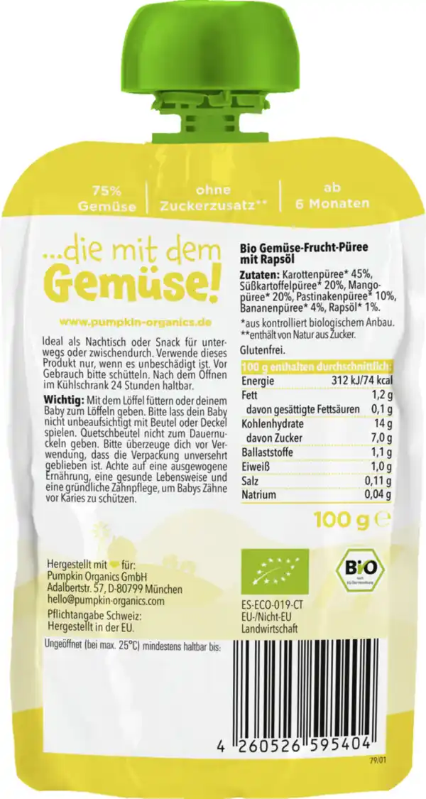 Bild 2 von Pumpkin Organics Bio Quetschie mit Karotte, Süßkartoffel, Mango & Pastinake