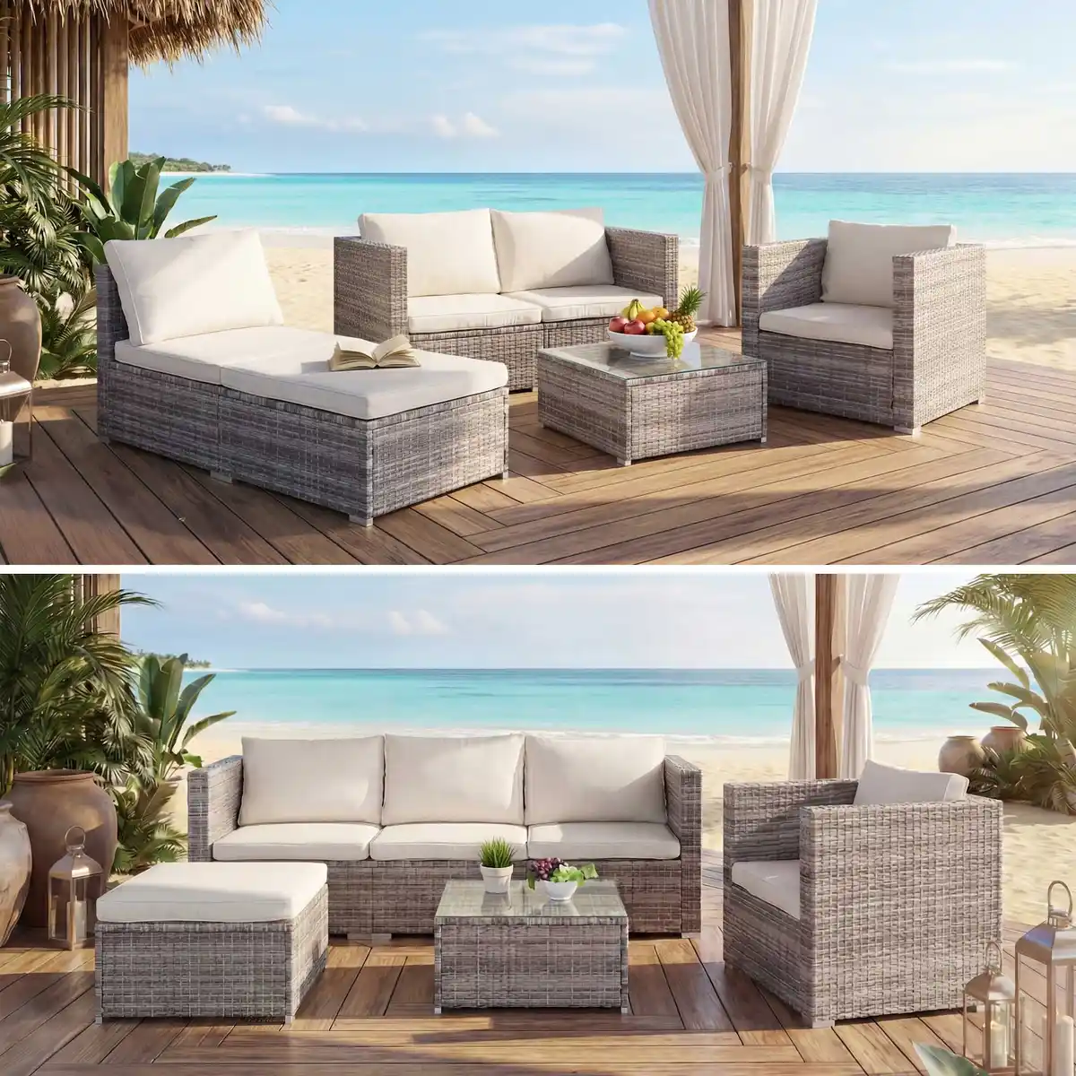 Bild 1 von Poly-Rattan-Garnitur Busto, Gartengarnitur Sitzgruppe Sofa Lounge-Set ~ grau, Kissen creme