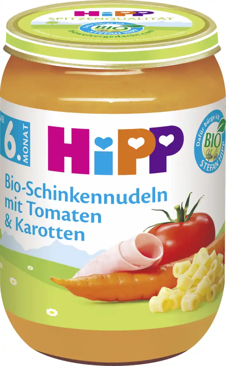 Bild 2 von HiPP Bio Menü Bio-Schinkennudeln mit Tomaten & Karotten