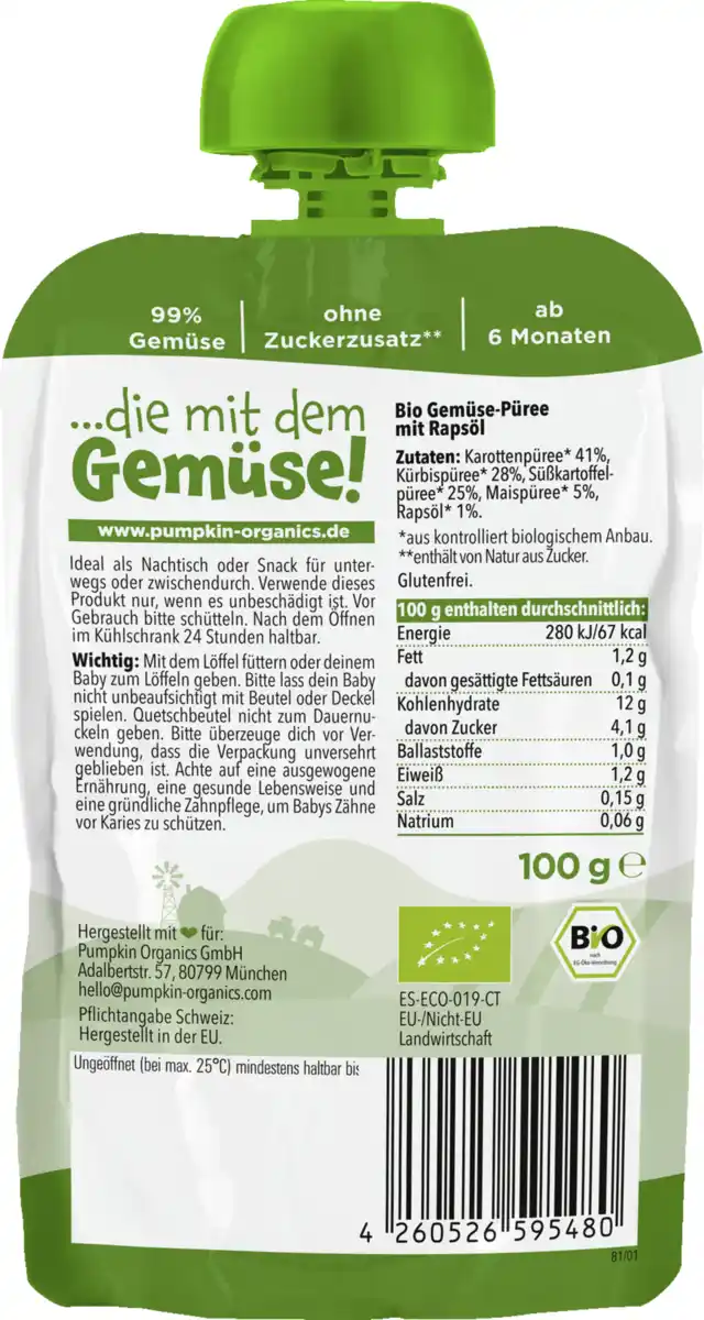 Bild 2 von Pumpkin Organics Bio Quetschie Karotte, Kürbis, Süßkartoffel & Mais
