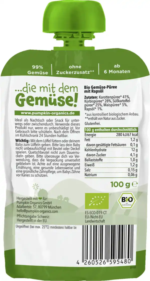 Bild 2 von Pumpkin Organics Bio Quetschie Karotte, Kürbis, Süßkartoffel & Mais