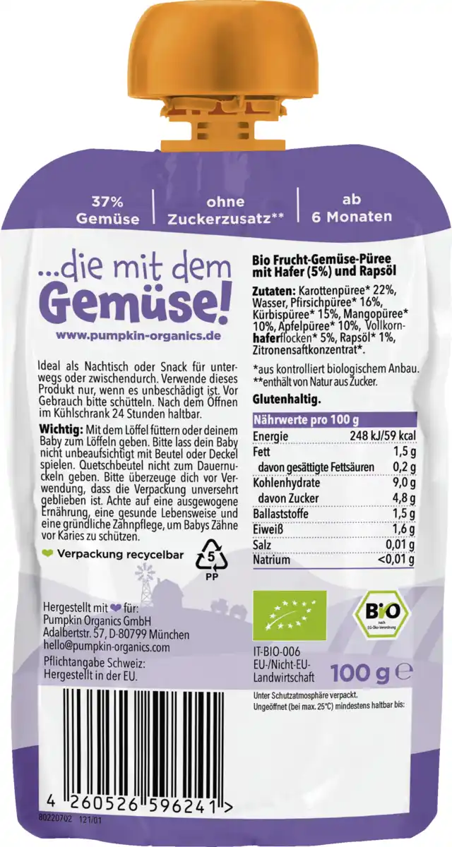 Bild 2 von Pumpkin Organics Bio Quetschie mit Frucht-Gemüse-Püree mit Getreide & Rapsöl