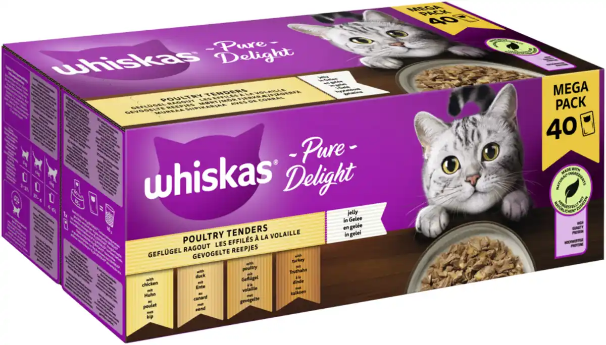 Bild 1 von Whiskas PURE DELIGHT Portionsbeutel Multipack Mega Pack Geflügel Ragout in Gelee 40 x 85g