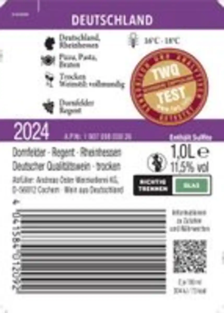 Bild 2 von Andreas Oster Dornfelder Regent QbA Rhh./Pfalz trocken 1l