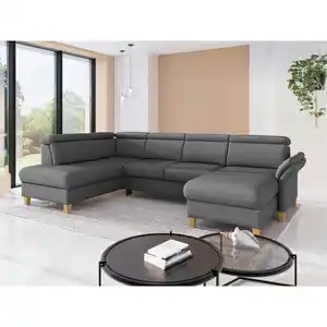 Sit & More Wohnlandschaft Glendale E, Dunkelgrau, Holz, Eiche, massiv, 7,5-Sitzer, Ottomane links, U-Form, 321x193 cm, Goldenes M, Oeko-Tex® Standard 100, Made in Europe, DGM-Klimapakt, Rücken echt