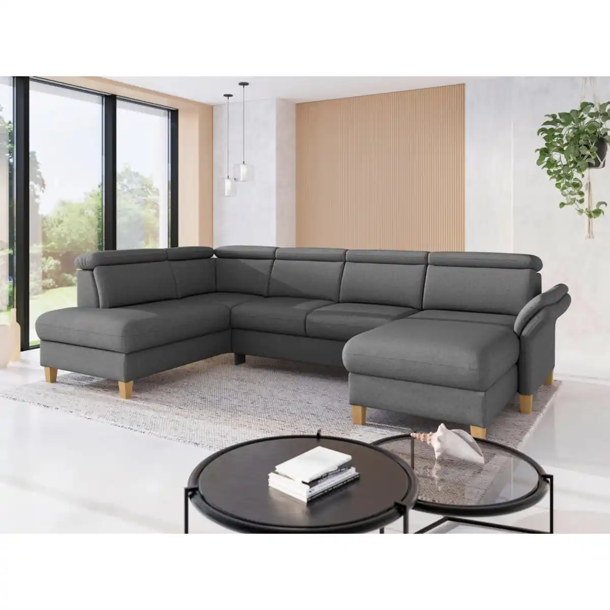 Bild 1 von Sit & More Wohnlandschaft Glendale E, Dunkelgrau, Holz, Eiche, massiv, 7,5-Sitzer, Ottomane links, U-Form, 321x193 cm, Goldenes M, Oeko-Tex® Standard 100, Made in Europe, DGM-Klimapakt, Rücken echt